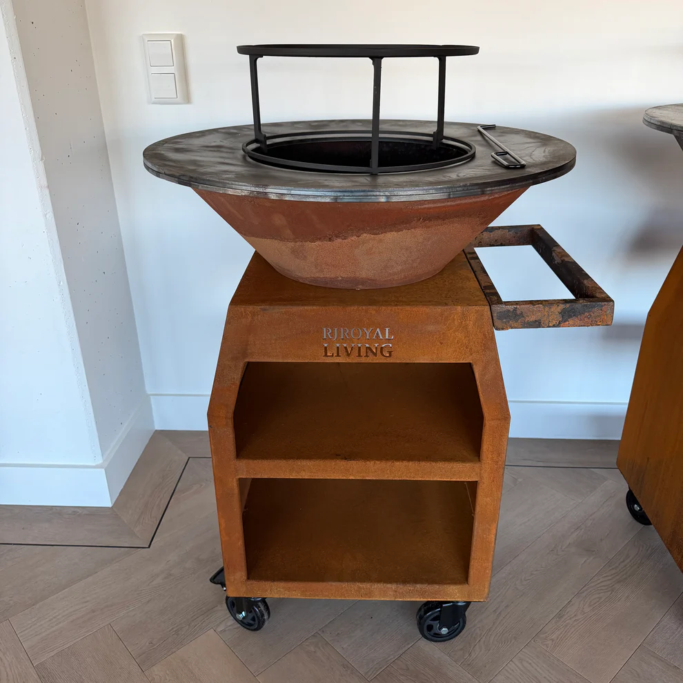 BBQ Plancha Grill Maestro Ø70cm Acier Corten – Avec grandes roues et compartiment à bois
