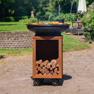 BBQ Plancha Grill Hermano XXL Blackline Acier Corten – Avec tisonnier et rangement pour le bois Ø80cm 8mm