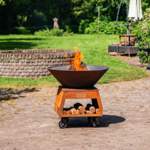 Barbecue Plancha Grill Brasero Brasero en acier Corten avec grandes roues et rangement pour le bois Ø75cm