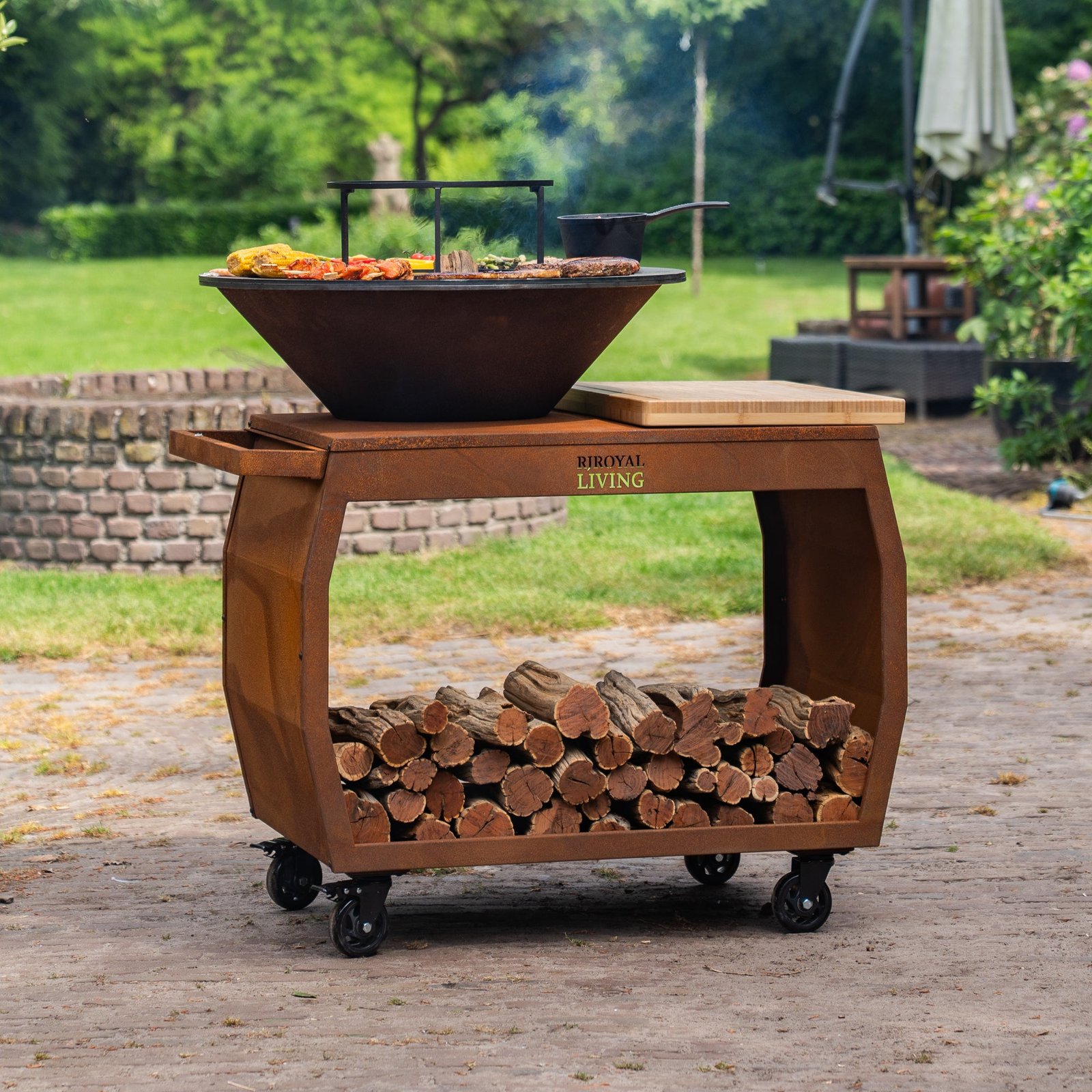BBQ Plancha Grill Big Jack Acier Corten 3.0 – Avec tisonnier et rangement pour le bois