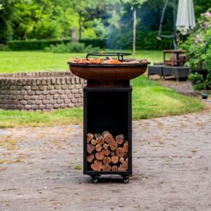 BBQ Plancha Grill Acier Corten Blackline Camarada rangement bois Ø70cm